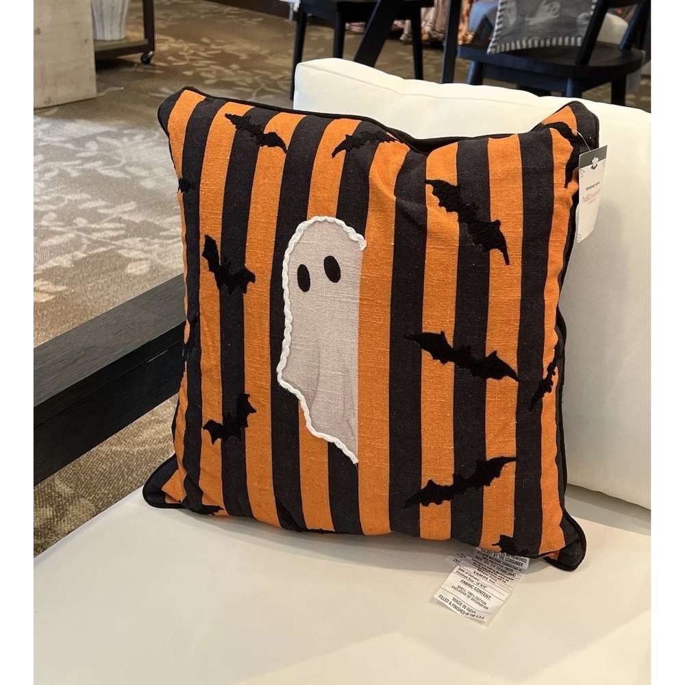 Halloween Ghost Throw Pillow Orange Black Vertical Stripes Bats Decor New